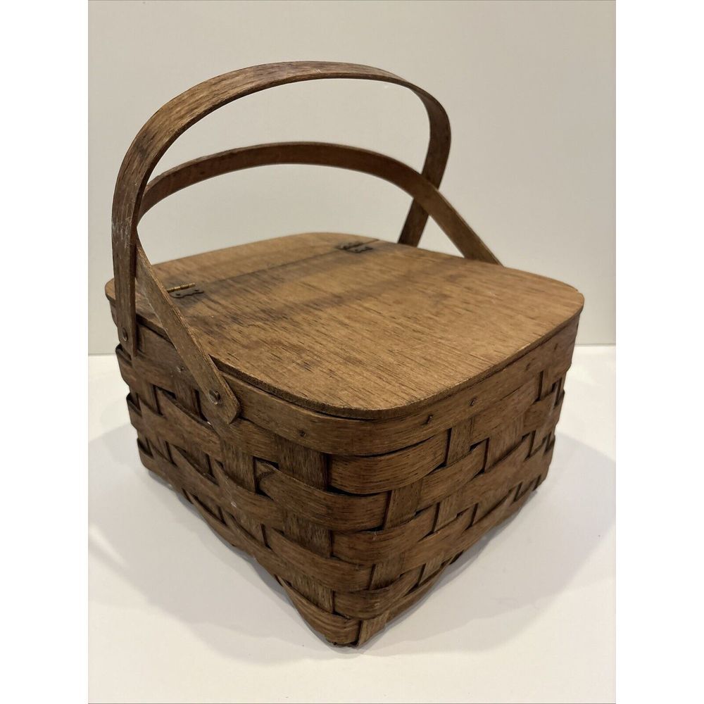 Antique Early Primitive Woven Picnic‎ Basket with Wooden Lid 18.5"x 12" x 8"